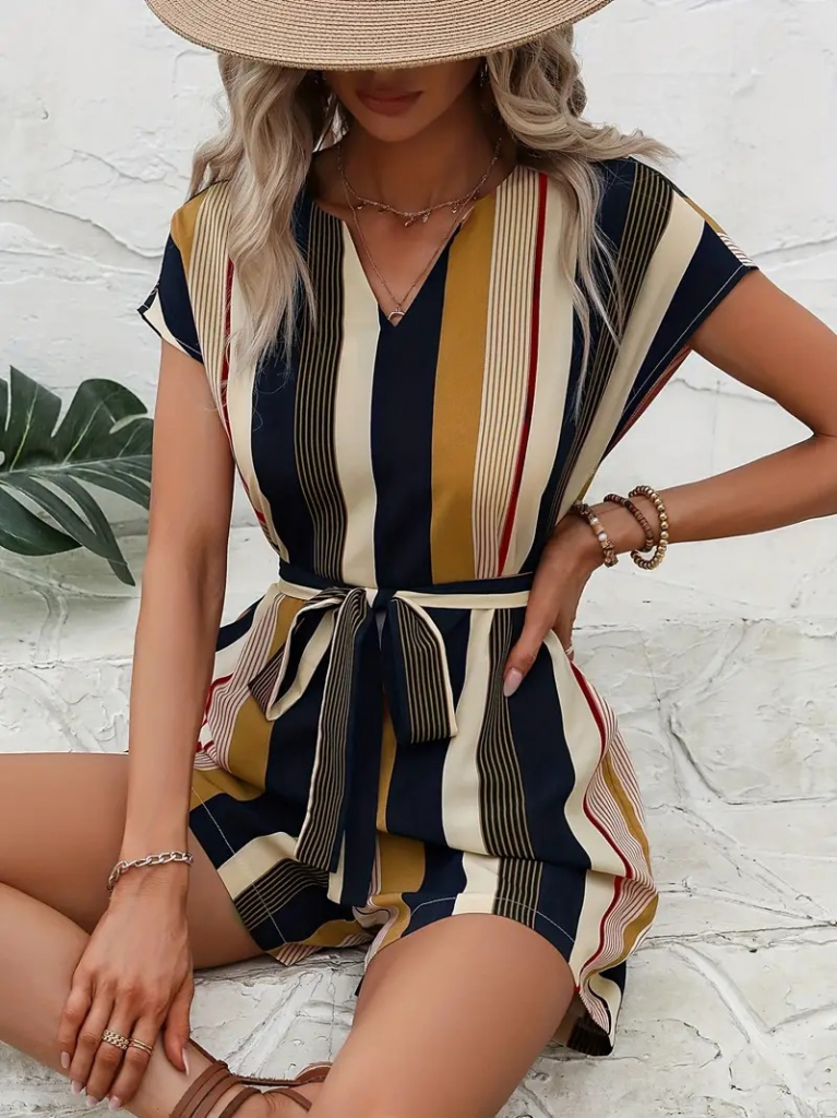 Kadın Kısa Kollu V Yakalı Beli Kuşaklı Keten Tulum, 24657 - Image 3