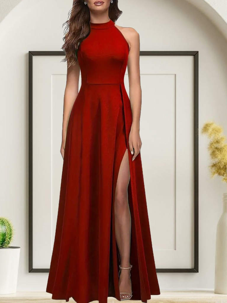 Kadın Kolsuz Halter Yaka Derin Yırtmaç Detaylı Tam Boy Ithal Krep Elbise, 31259