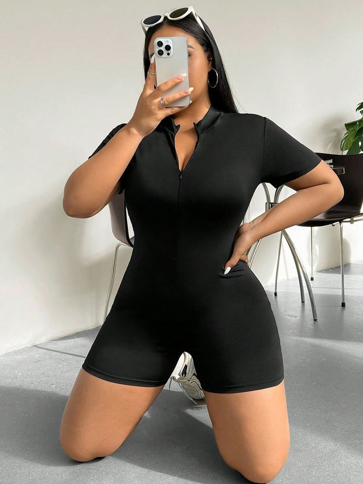 Kadın Kısa Kollu önü Fermuarlı Bodycon Dalgıç Tulum , 16751 - Image 7