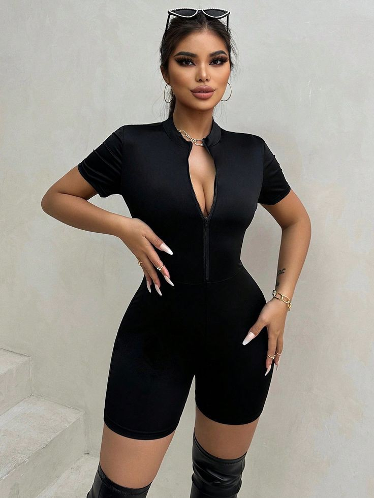 Kadın Kısa Kollu önü Fermuarlı Bodycon Dalgıç Tulum , 16751 - Image 8