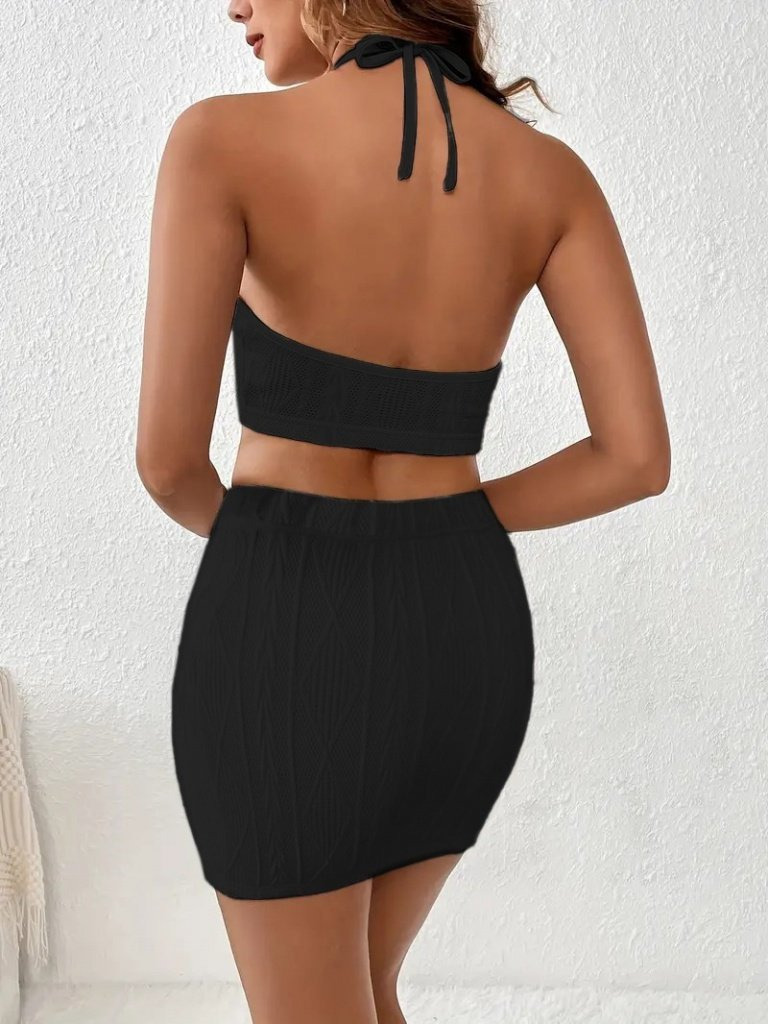 Kadın Sıfır Kol Crop Mini Etek Ikili Triko Takım, 24335 - Image 3