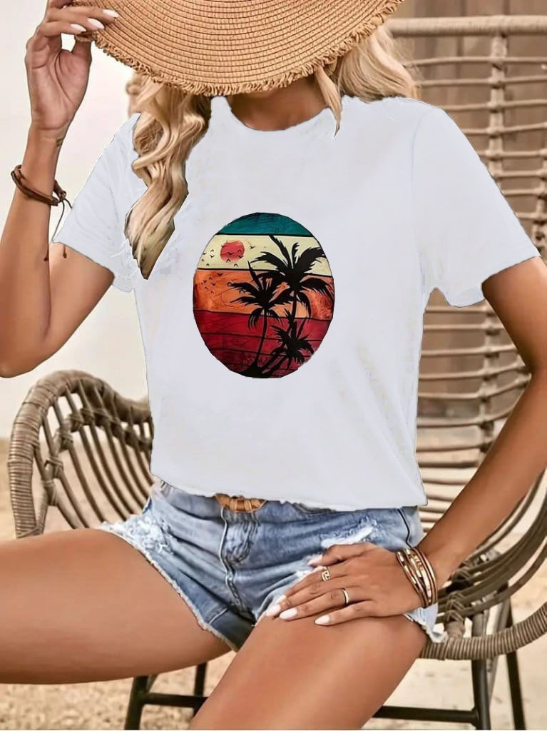 Kadın Kısa Kollu Palmiye Baskılı Viskon T-shirt , 17345