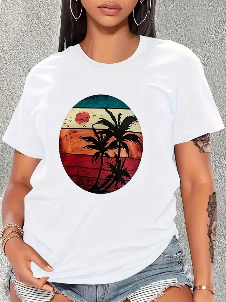 Kadın Kısa Kollu Palmiye Baskılı Viskon T-shirt , 17345 - Image 2