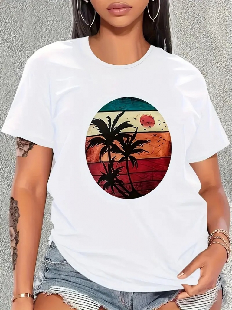 Kadın Kısa Kollu Palmiye Baskılı Viskon T-shirt , 17345 - Image 5
