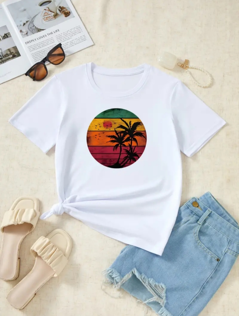 Kadın Kısa Kollu Palmiye Baskılı Viskon T-shirt , 17345 - Image 9
