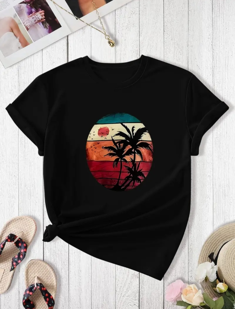 Kadın Kısa Kollu Palmiye Baskılı Viskon T-shirt , 17347 - Image 7