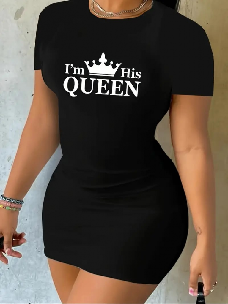 Kadın Kısa Kollu Queen Baskı Iki Iplik Mini Elbise , 17660