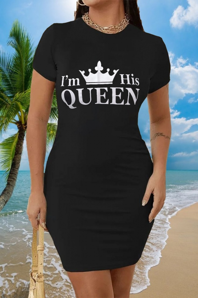 Kadın Kısa Kollu Queen Baskı Iki Iplik Mini Elbise , 17660 - Image 7