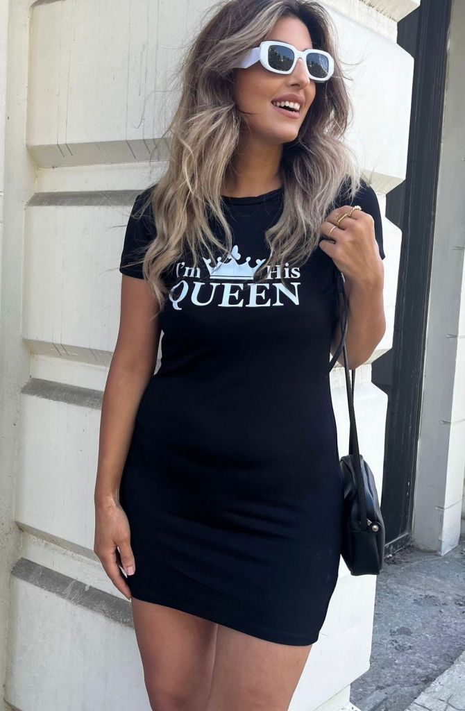 Kadın Kısa Kollu Queen Baskı Iki Iplik Mini Elbise , 17660 - Image 8
