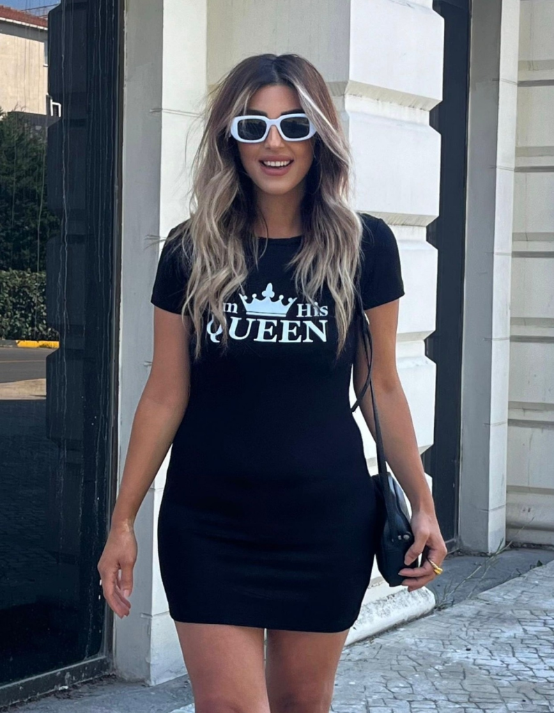 Kadın Kısa Kollu Queen Baskı Iki Iplik Mini Elbise , 17660 - Image 12