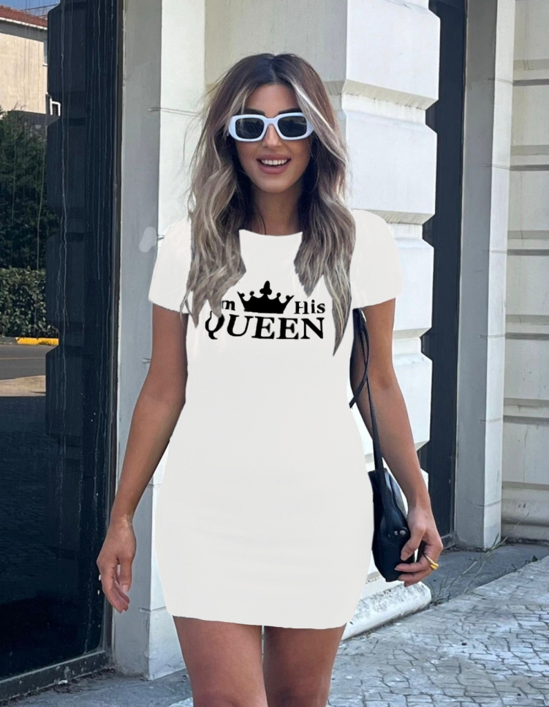 Kadın Kısa Kollu Queen Baskı Iki Iplik Mini Elbise , 17661 - Image 8