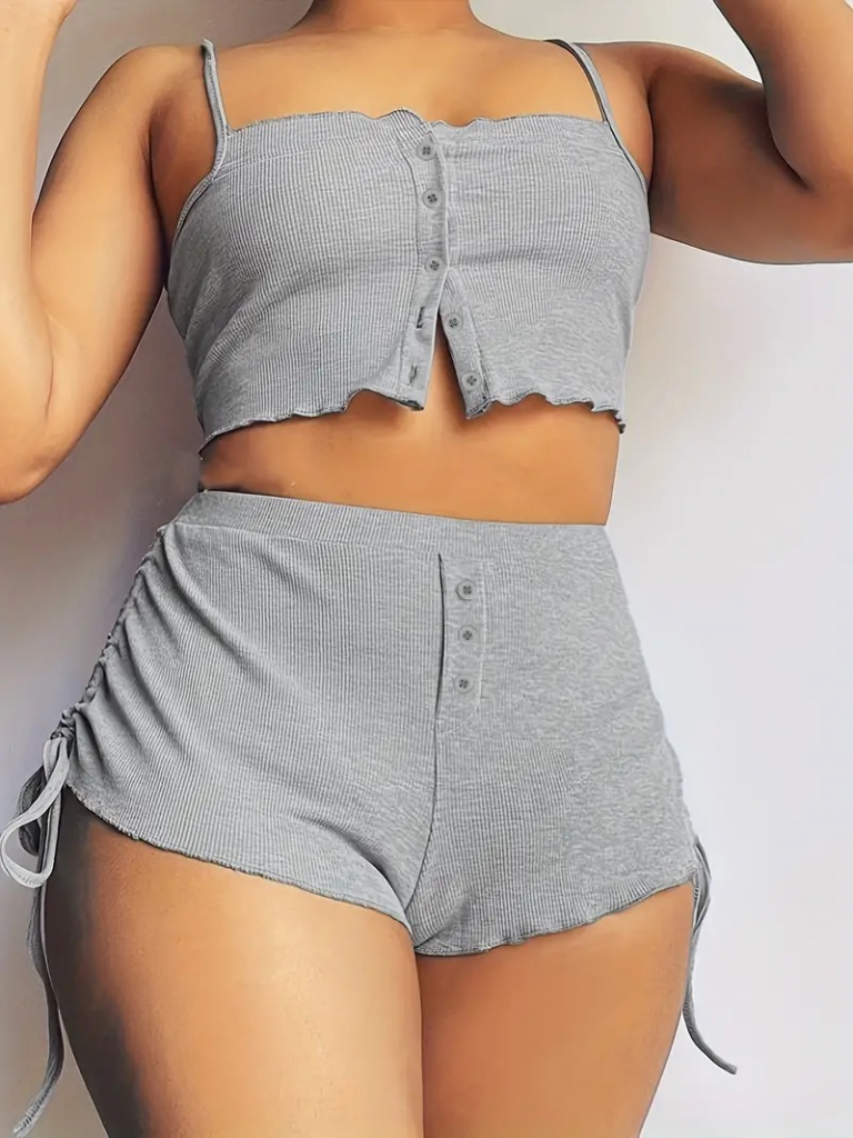 Kadın Ip Askılı Crop Bluz Ve Yanlardan Büzgülü Ikili Kaşkorse Short Takım, 17811