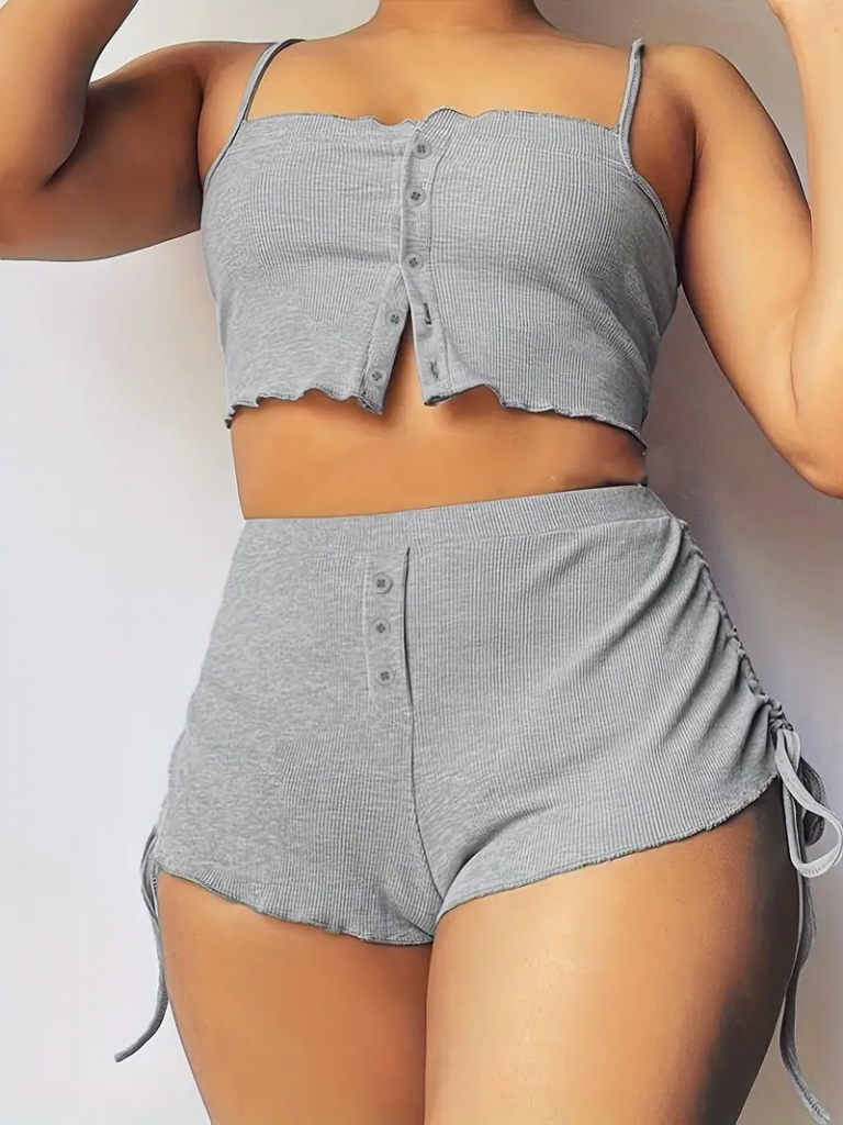 Kadın Ip Askılı Crop Bluz Ve Yanlardan Büzgülü Ikili Kaşkorse Short Takım, 17811 - Image 3