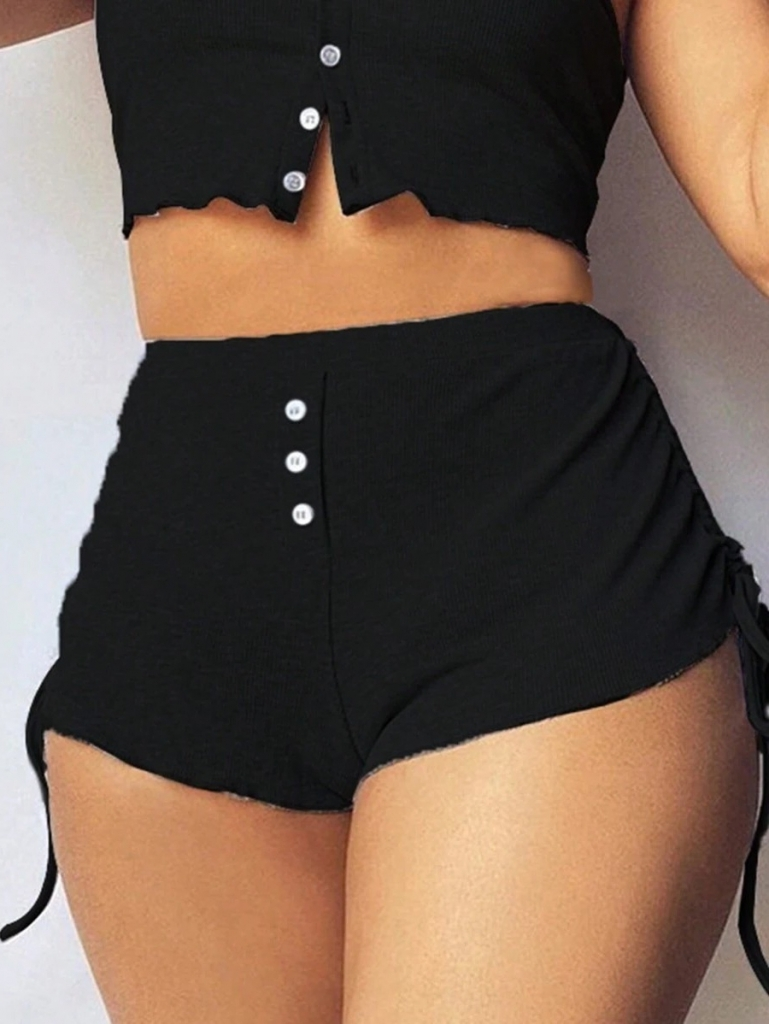 Kadın Ip Askılı Crop Bluz Ve Yanlardan Büzgülü Ikili Kaşkorse Short Takım, 17812 - Image 2