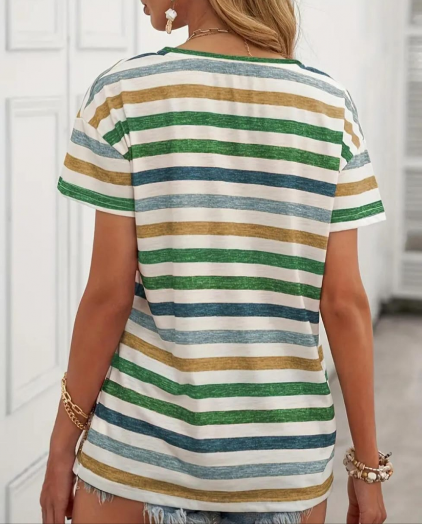 Kadın Kısa Kollu V Yaka çizgili Süprem T-shirt , 17858 - Image 2