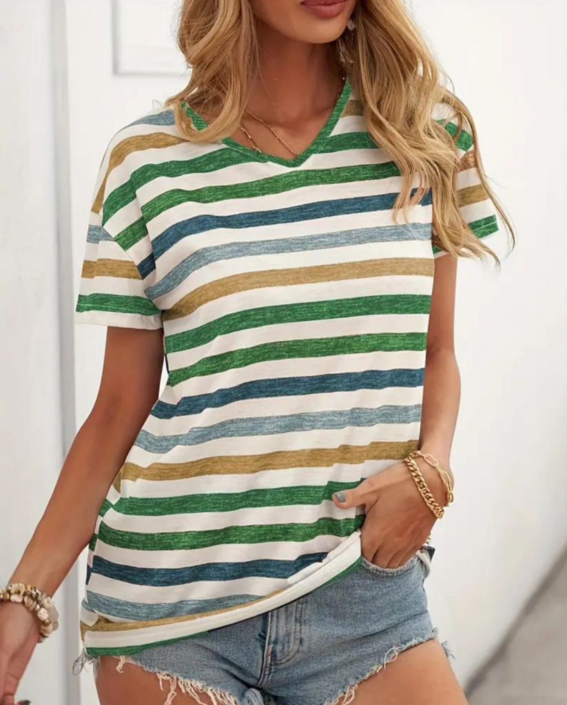 Kadın Kısa Kollu V Yaka çizgili Süprem T-shirt , 17858 - Image 4
