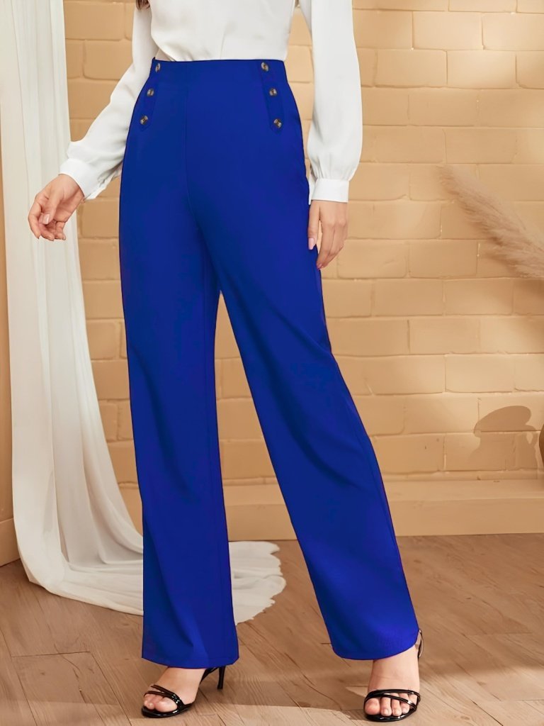 Kadın Düğme Detay Bol Paça Ithal Krep Pantolon , 25450 - Image 3