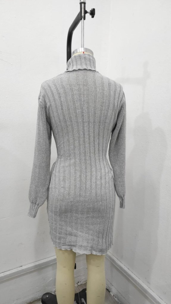 Kadın Uzun Kollu Balıkçı Yaka Beli Kuşaklı Mini Triko Elbise, 20025 - Image 6