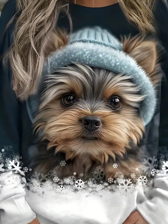 Kadın Uzun Kollu Bisiklet Yaka Köpek Baskılı şardonlu Dalgıç Bluz, 20289 - Image 2