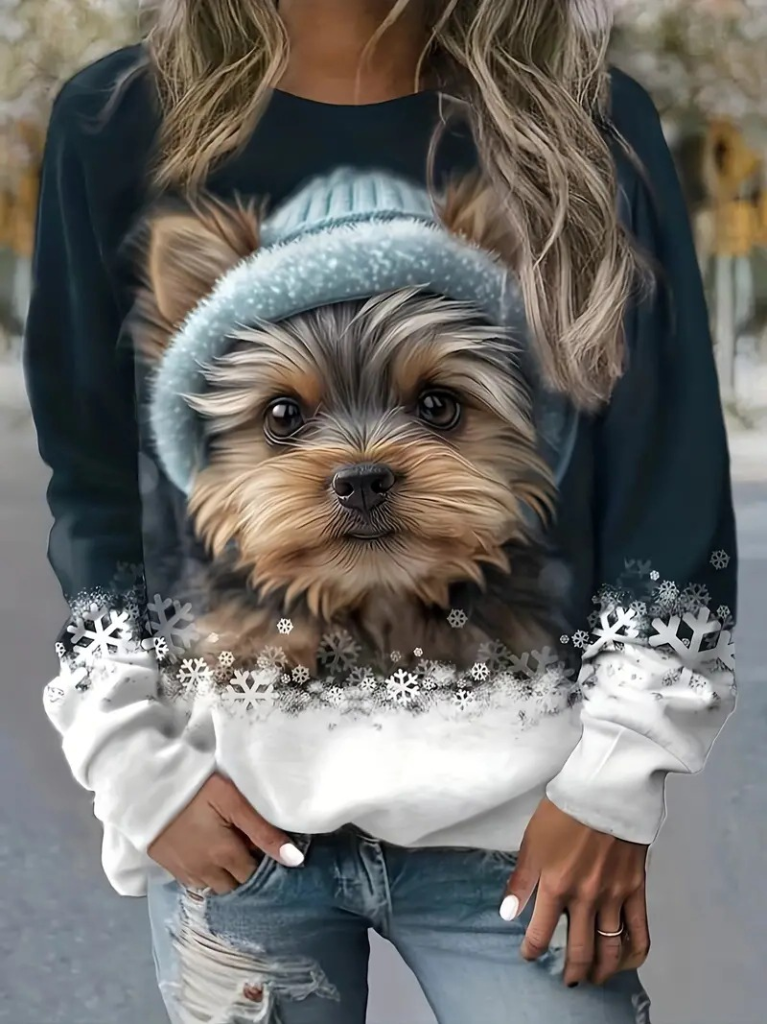 Kadın Uzun Kollu Bisiklet Yaka Köpek Baskılı şardonlu Dalgıç Bluz, 20289 - Image 3