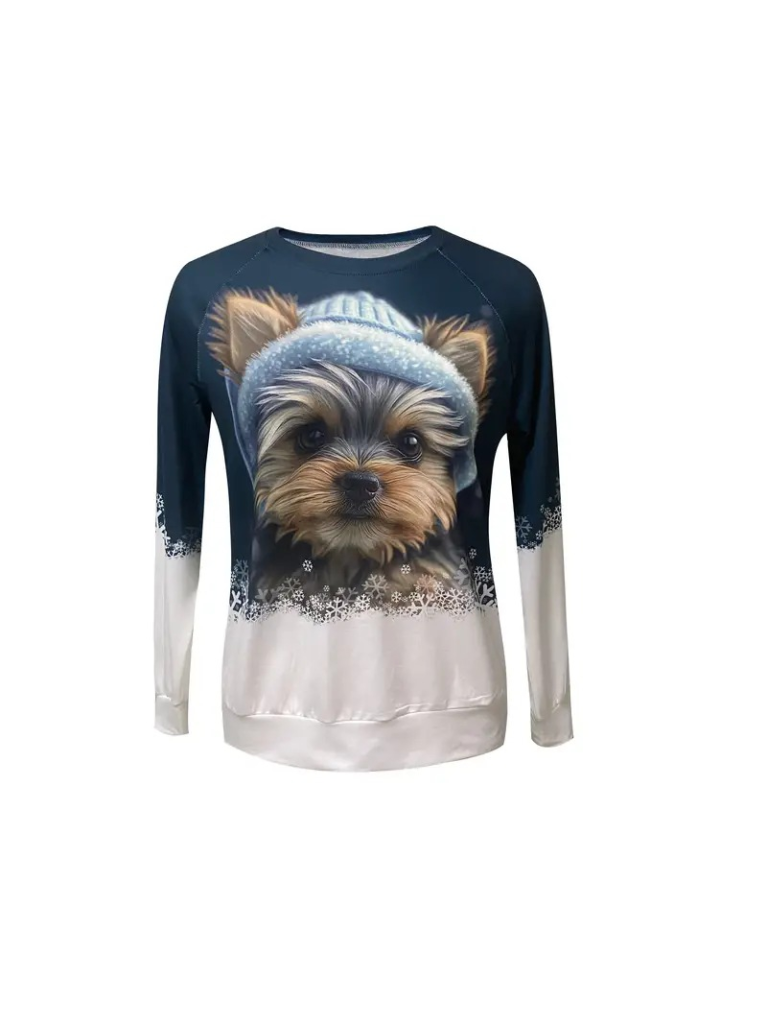 Kadın Uzun Kollu Bisiklet Yaka Köpek Baskılı şardonlu Dalgıç Bluz, 20289 - Image 4