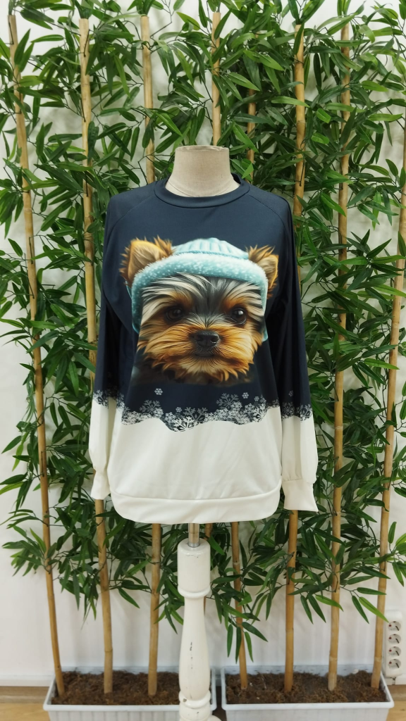Kadın Uzun Kollu Bisiklet Yaka Köpek Baskılı şardonlu Dalgıç Bluz, 20289 - Image 6