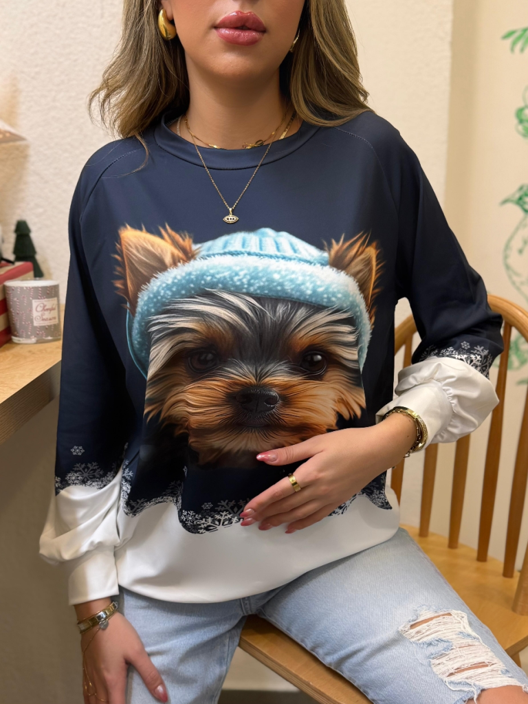 Kadın Uzun Kollu Bisiklet Yaka Köpek Baskılı şardonlu Dalgıç Bluz, 20289 - Image 10