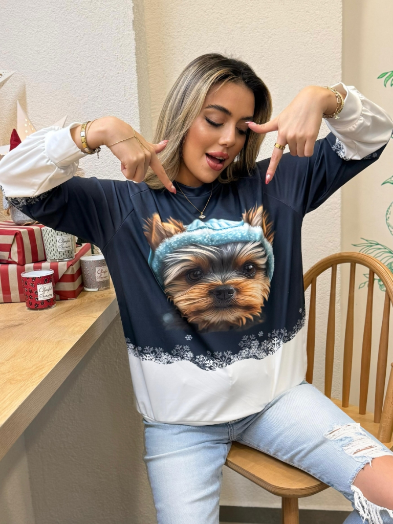 Kadın Uzun Kollu Bisiklet Yaka Köpek Baskılı şardonlu Dalgıç Bluz, 20289 - Image 12