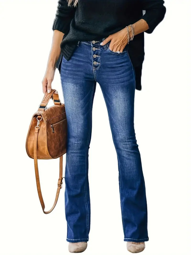 Kadın Yüksek Bel önden Düğmeli Cep Detay Ispanyol Paça Denim Pantolon , 21293 - Image 6