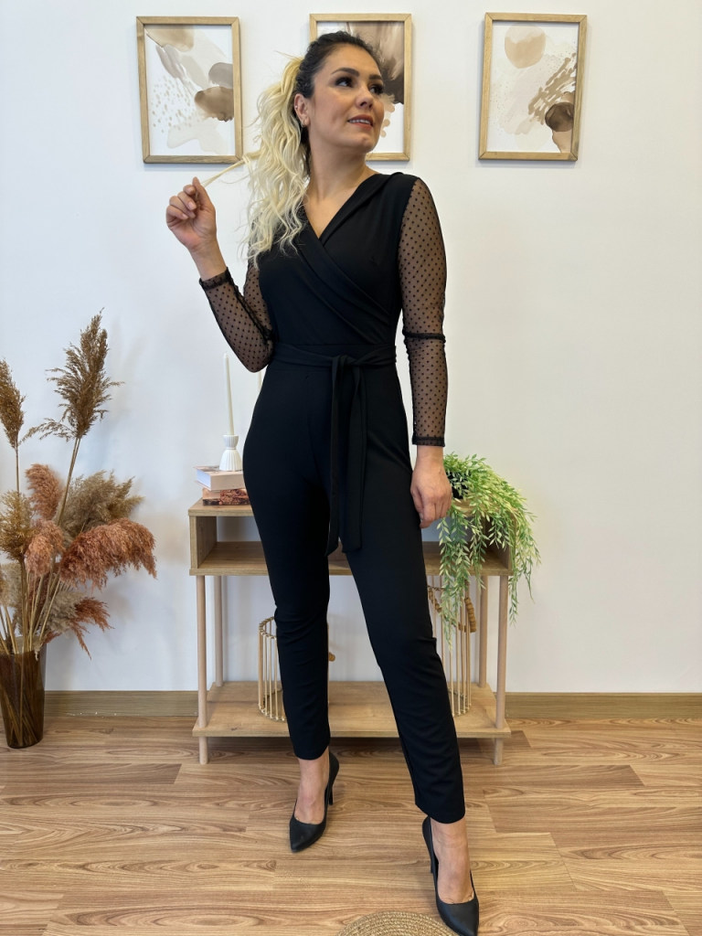 Kadın Uzun Kollu Kruvaze Yakalı Kolları Tül Detay Beli Kuşaklı Ithal Krep Tulum , 21295 - Image 16