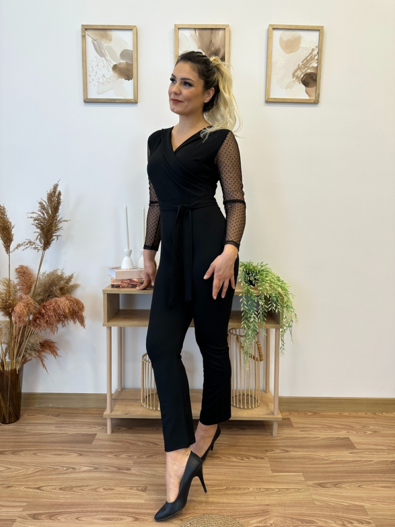 Kadın Uzun Kollu Kruvaze Yakalı Kolları Tül Detay Beli Kuşaklı Ithal Krep Tulum , 21295 - Image 19
