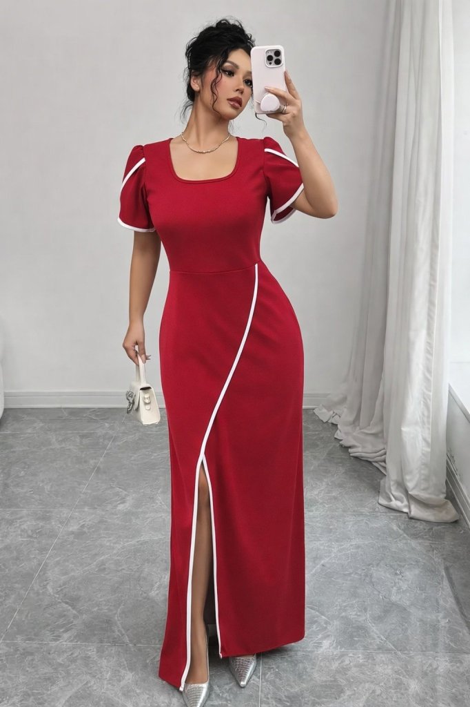 Kadın Kısa Kollu Kare Yakalı önden çapraz Kesim Detaylı Krep Elbise , 31403