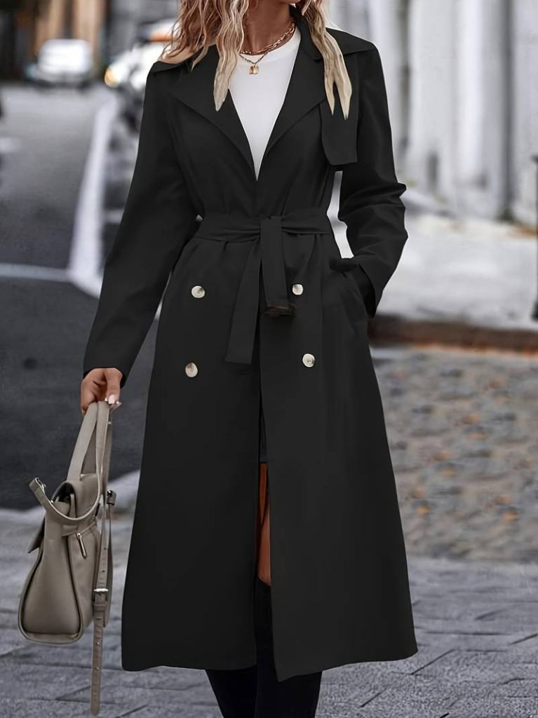 Kadın Uzun Kollu Yakalı önden Düğmeli Beli Kuşaklı Midi Gabardin Trençkot, 21358 - Image 4