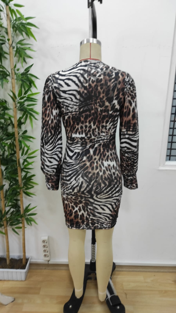 Kadın Uzun Kollu Kruvaze Yaka Leopar Desen Mikro Elbise , 21524 - Image 7