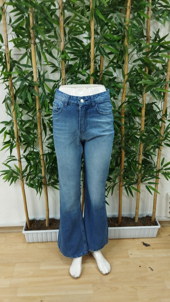 Kadın Yüksek Bel Cepli Paçaya Doğru Ispanyol Kot Pantolon , 21594 - Image 6
