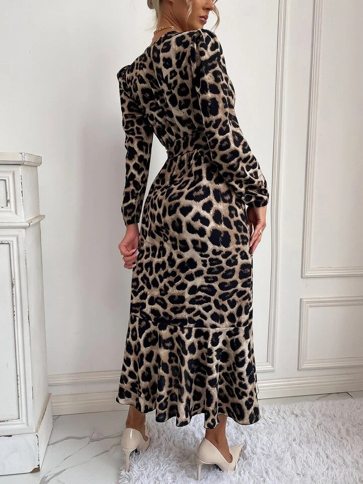 Kadın Uzun Kollu Kruvaze Yakalı Belden Kuşaklı Leopar , 21821 - Image 5