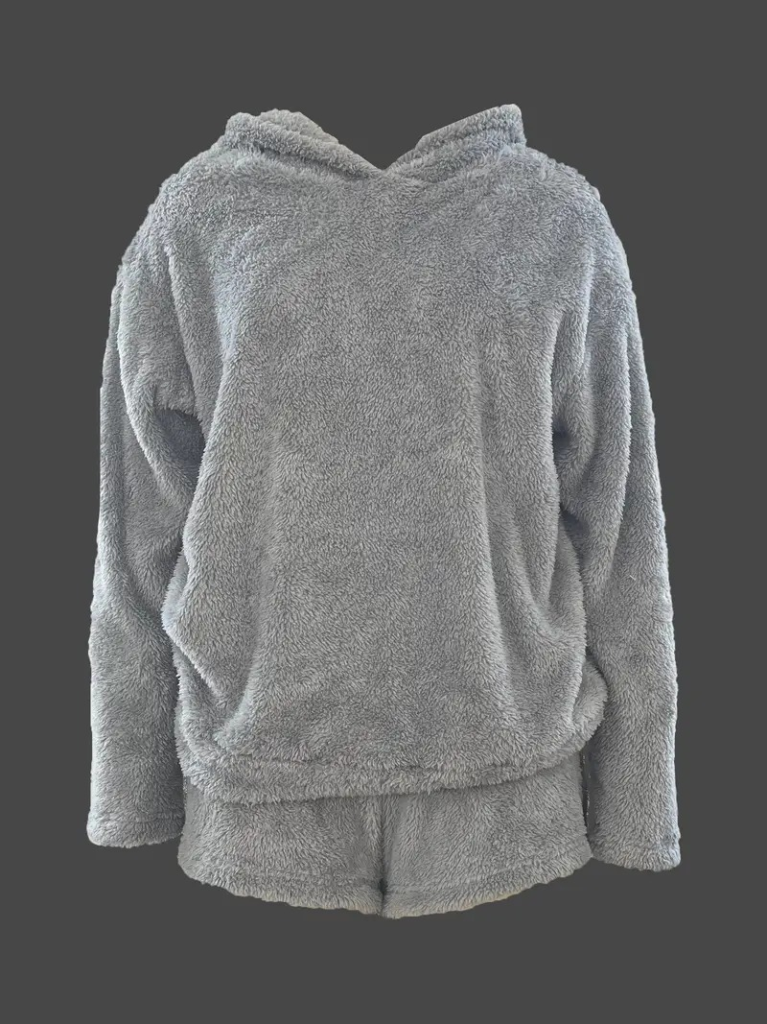 Kadın Uzun Kollu Kapşonlu Peluş Bluz Ve Kısa Short Ikili Takım , 22029 - Image 2