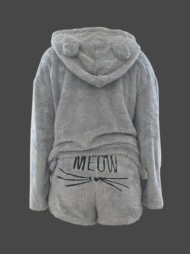 Kadın Uzun Kollu Kapşonlu Peluş Bluz Ve Kısa Short Ikili Takım , 22029 - Image 3