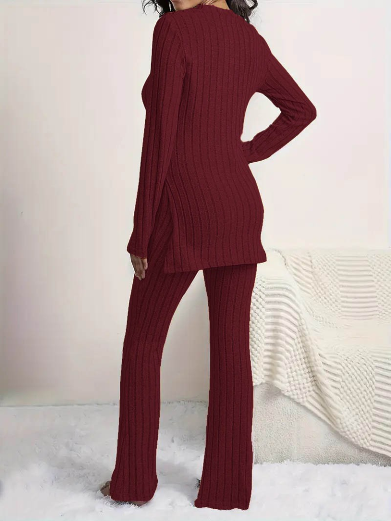 Kadın Uzun Kollu Yuvarlak Yaka Yandan Yırtmaç Detaylı şardonlu Kaşkorse Bluz Ve Pantolon Ikili Takım , 22413 - Image 3
