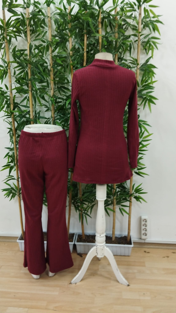 Kadın Uzun Kollu Yuvarlak Yaka Yandan Yırtmaç Detaylı şardonlu Kaşkorse Bluz Ve Pantolon Ikili Takım , 22413 - Image 6