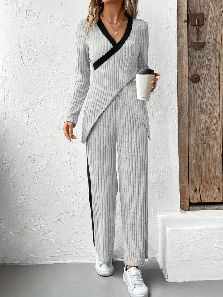 Kadın Uzun Kollu V Yakalı çapraz Detaylı şardonlu Kaşkorse Bluz Ve Pantolon Ikili Takım , 22487 - Image 3