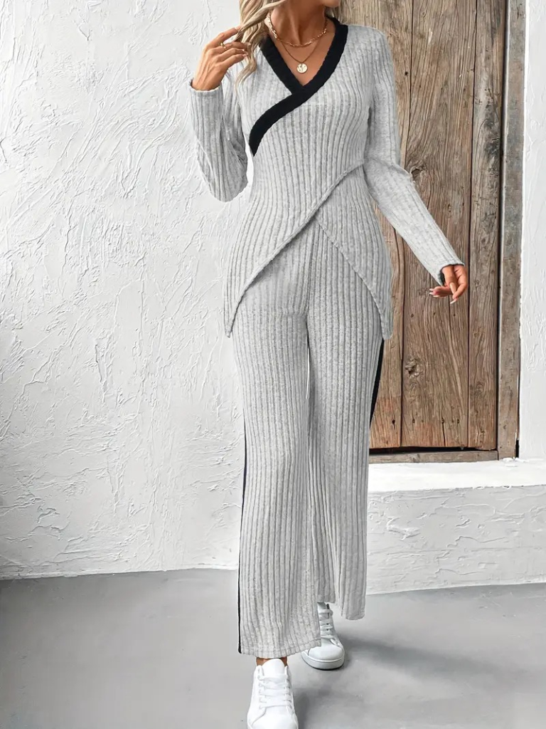 Kadın Uzun Kollu V Yakalı çapraz Detaylı şardonlu Kaşkorse Bluz Ve Pantolon Ikili Takım , 22487 - Image 5