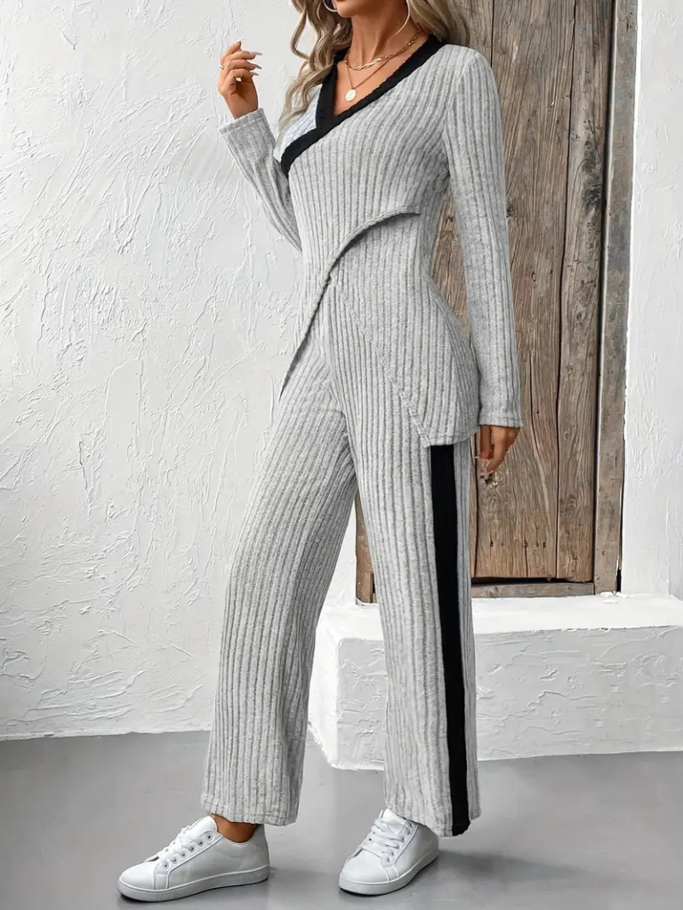 Kadın Uzun Kollu V Yakalı çapraz Detaylı şardonlu Kaşkorse Bluz Ve Pantolon Ikili Takım , 22487 - Image 6