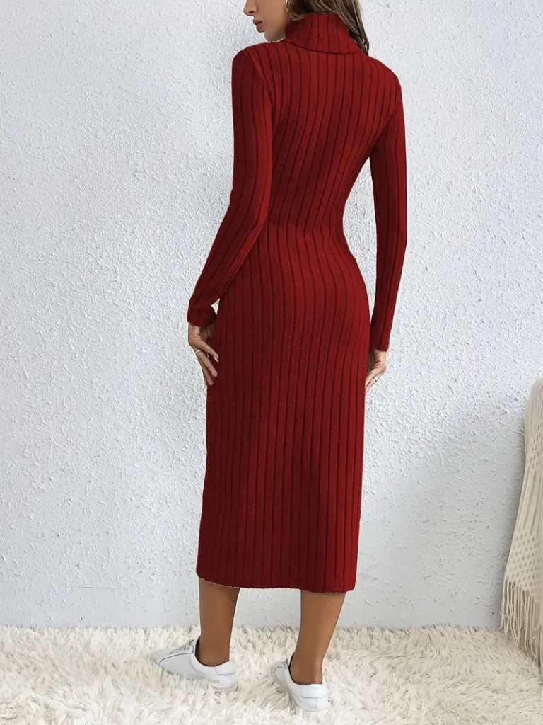 Kadın Uzun Kollu Balıkçı Yaka Yırtmaçlı Düğmeli şardonlu Kaşkorse Elbise , 22972 - Image 2