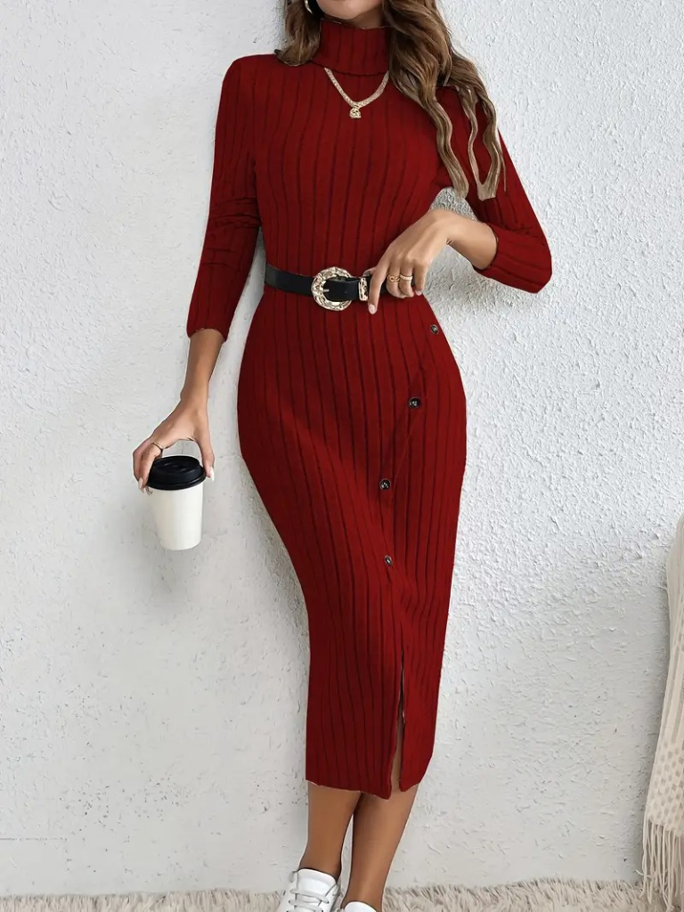 Kadın Uzun Kollu Balıkçı Yaka Yırtmaçlı Düğmeli şardonlu Kaşkorse Elbise , 22972 - Image 3