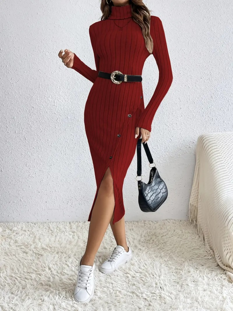 Kadın Uzun Kollu Balıkçı Yaka Yırtmaçlı Düğmeli şardonlu Kaşkorse Elbise , 22972 - Image 4