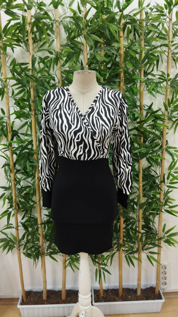 Kadın Uzun Kollu Kruvaze Yakalı Zebra Desenli Kısa Krep Elbise (kemersiz), 23175 - Image 4