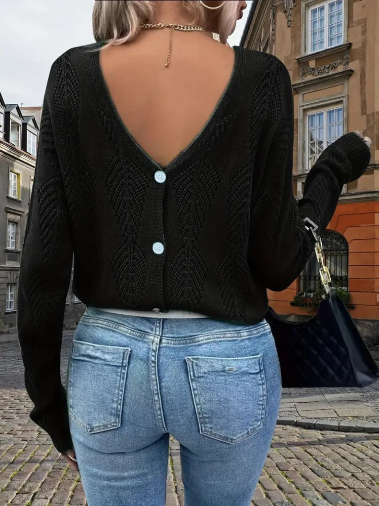 Kadın Uzun Kollu V Yakalı Arkası Düğmeli Triko Bluz , 23260 - Image 4