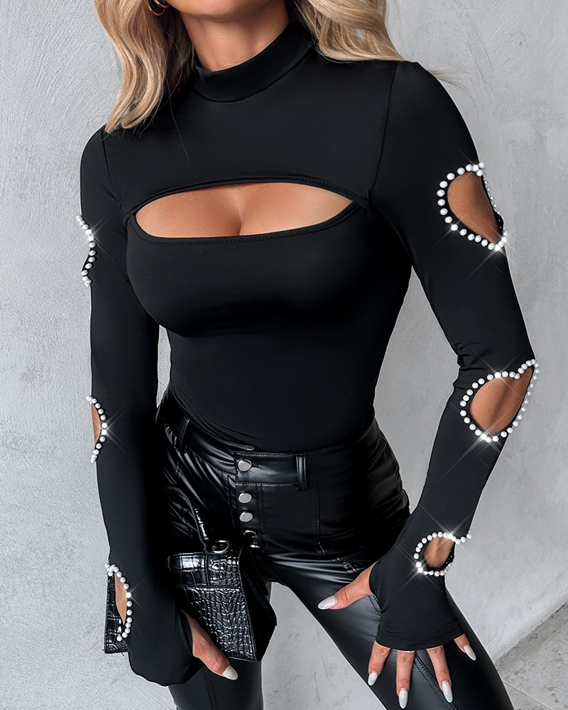 Kadın Uzun Kollu Yarı Balıkçı Yaka Pencere Detaylı Kolları Kalp Desen Taşlı Viskon Bluz , 23287 - Image 5