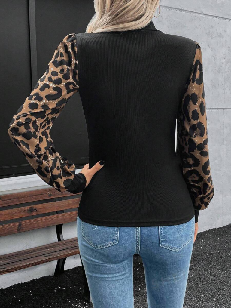 Kadın Uzun Kollu Yarı Balıkçı Yaka Leopar Detaylı Kaşkorse Bluz, 23423 - Image 4